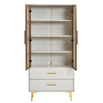 Glass Display Cabinet, 2-Door LED Lighted Tall Storage with Movable Shelves, Golden Legs