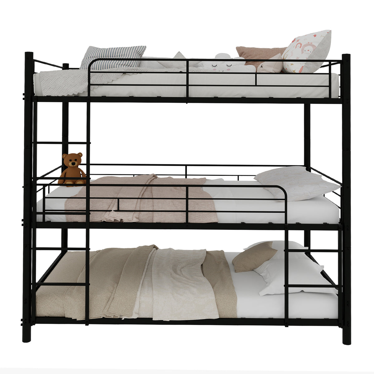 Three-Tier Bed Frame 90x190cm with Ladder & Guardrails