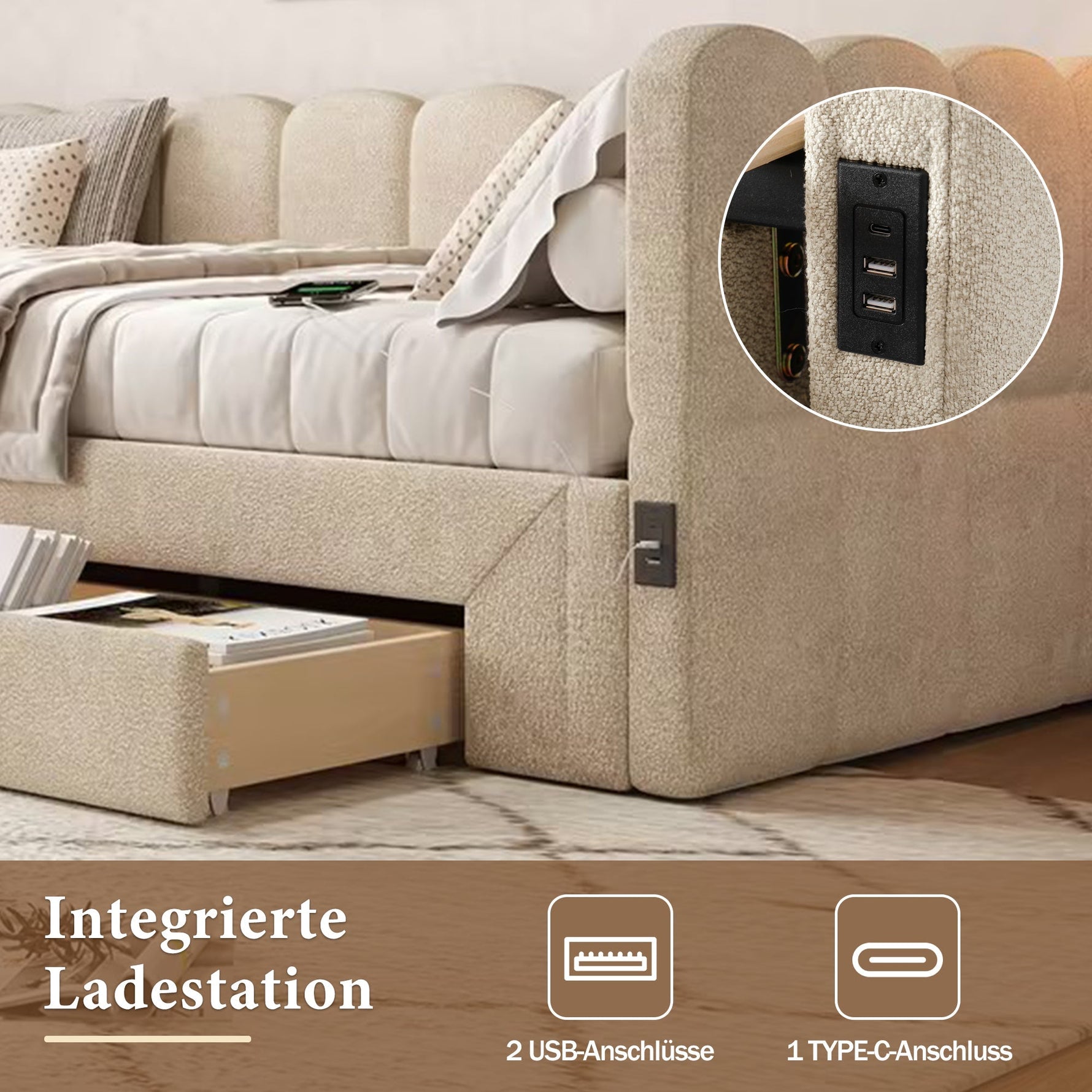 Upholstered Daybed Sofa Bed 90x200cm Extendable with 2 Drawers Storage USB Port beige chenille