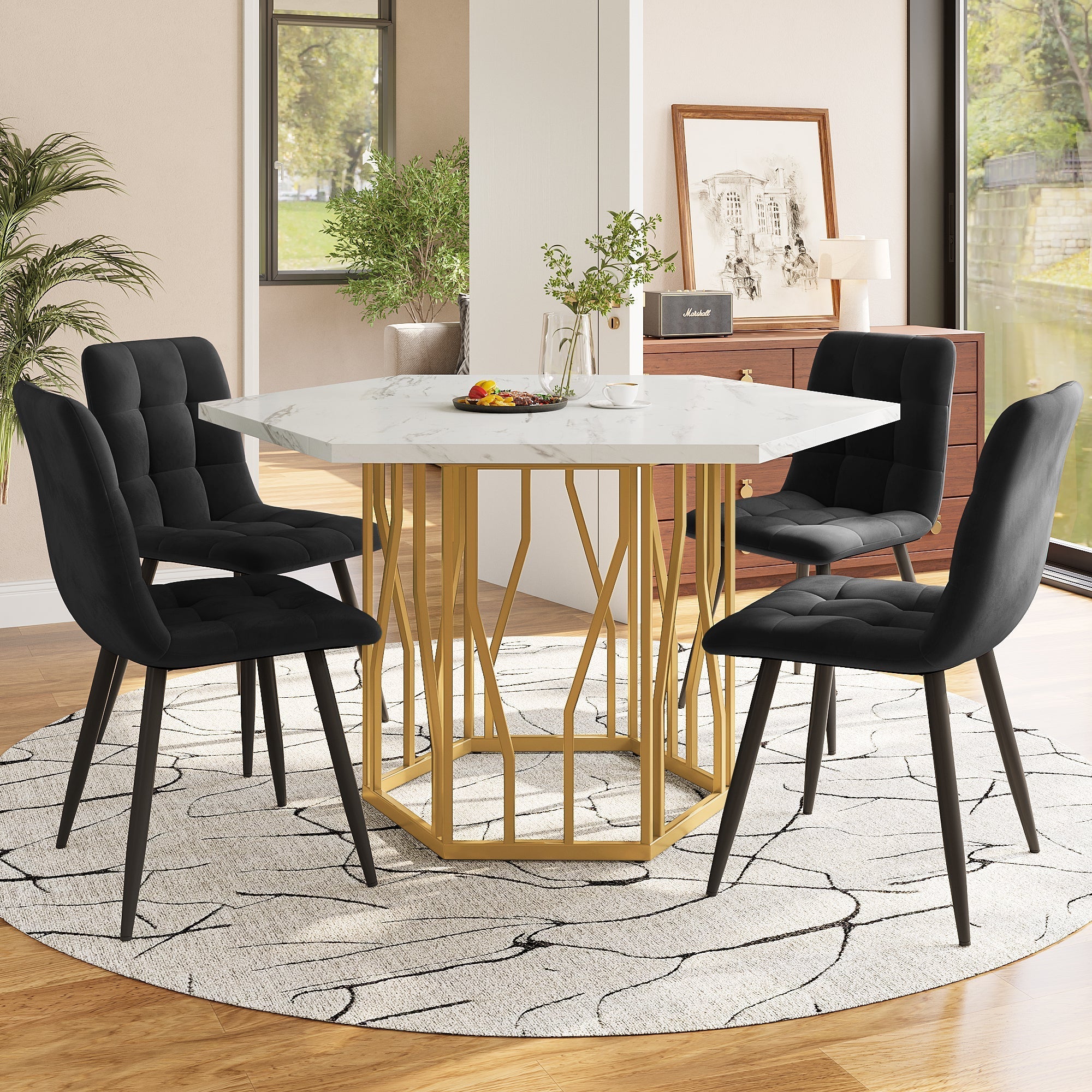 5-Piece Dining Set Hexagonal Marble Table 4 Velvet Chairs Gold Legs - Black