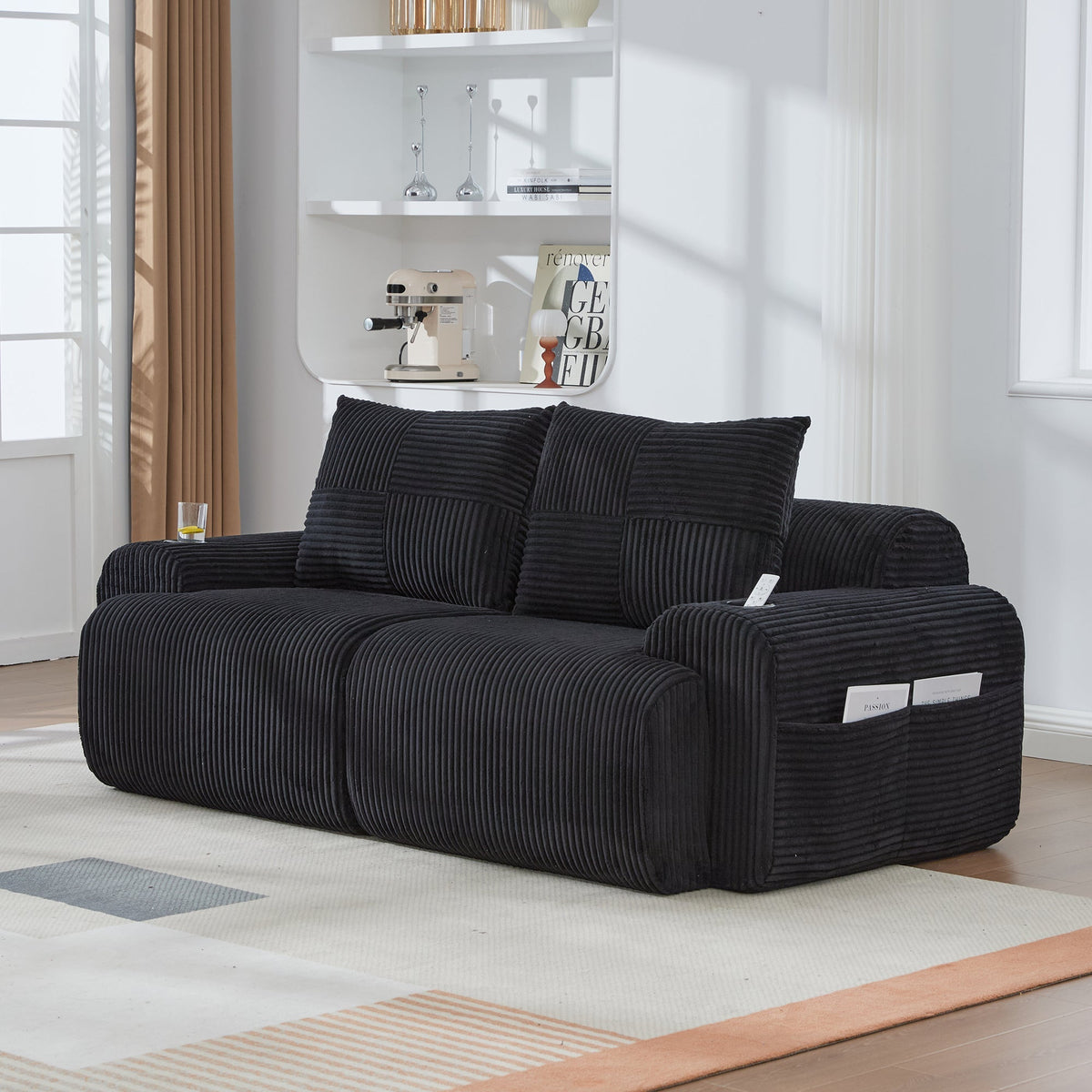 Modular Corduroy Sofa for 2 People, Combinable with Cup Holder and Storage Pocket, Black