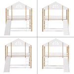 Bunk Bed with Windows, Slide, Safety Railings, 90x200cm, Solid Wood, White/Natural