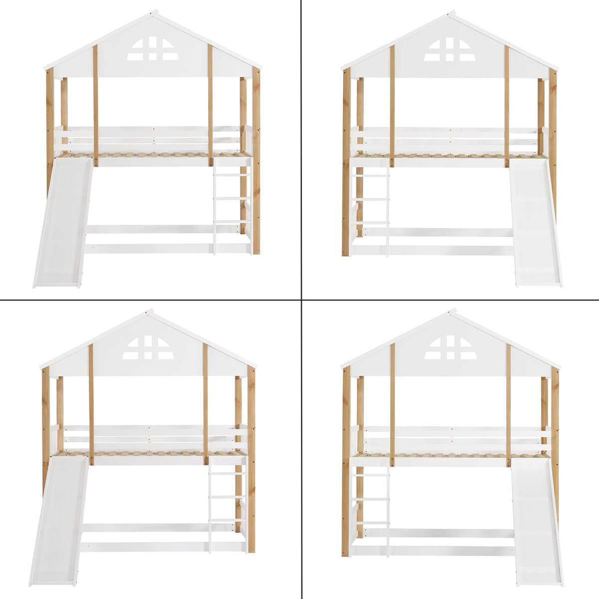 Bunk Bed with Windows, Slide, Safety Railings, 90x200cm, Solid Wood, White/Natural