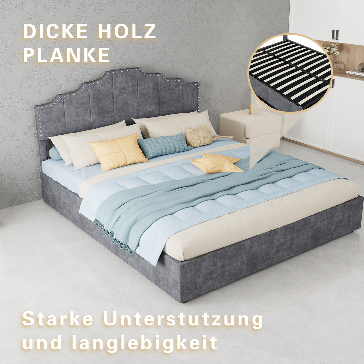 Modern Soft Bed with Mattress & Storage, 160x200cm, Gray