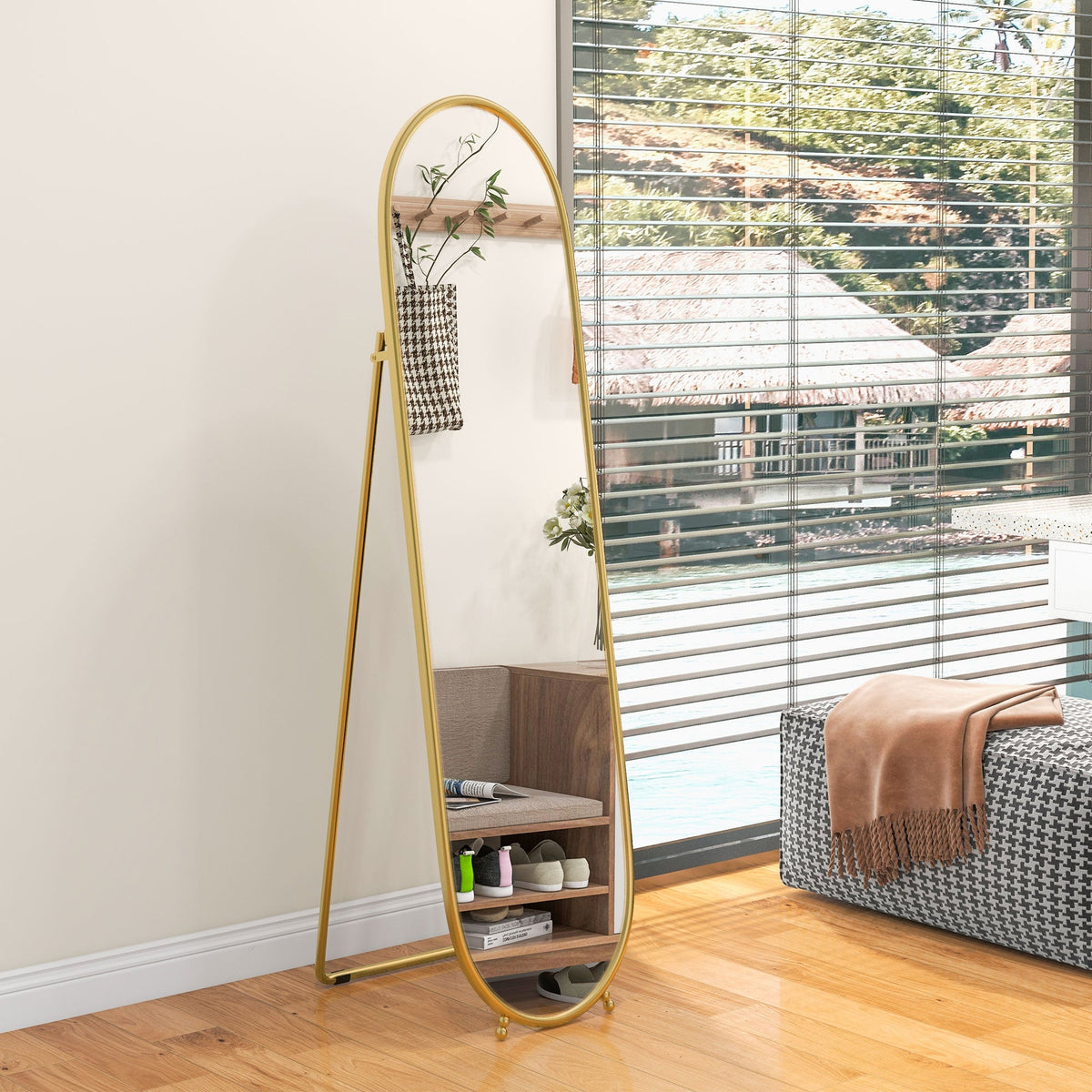 Full-Length Mirror, Oval Standing Wall with Stand, Metal Gold