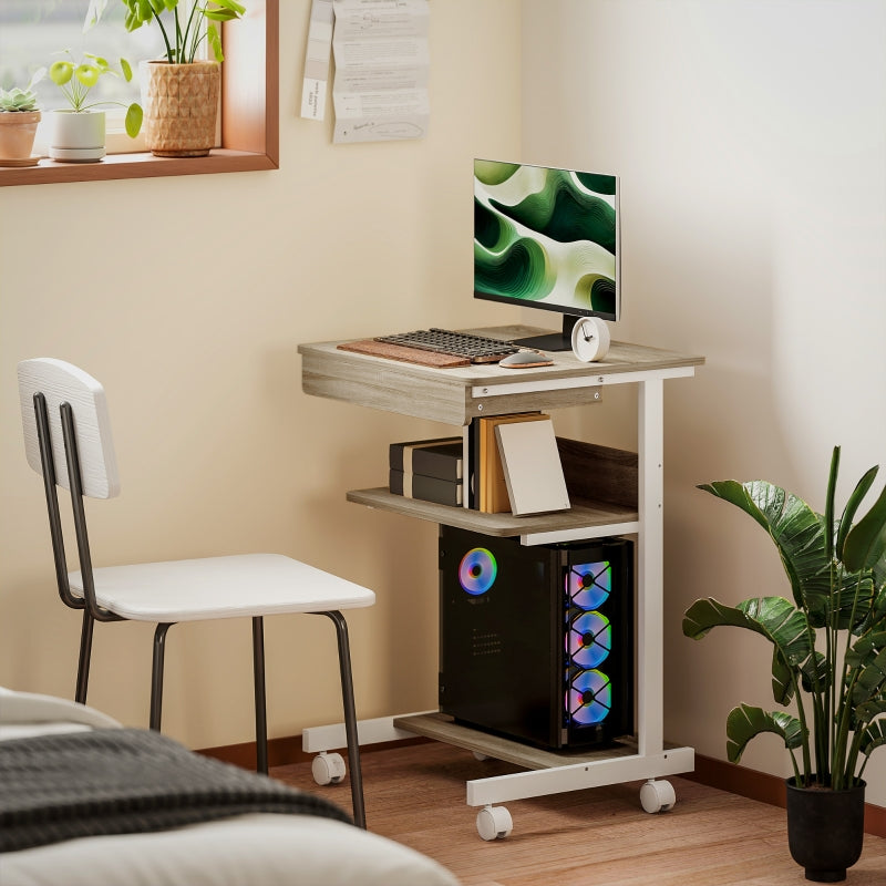 Rolling Desk with Drawer, Shelves, 4 Wheels, Chipboard & Metal
