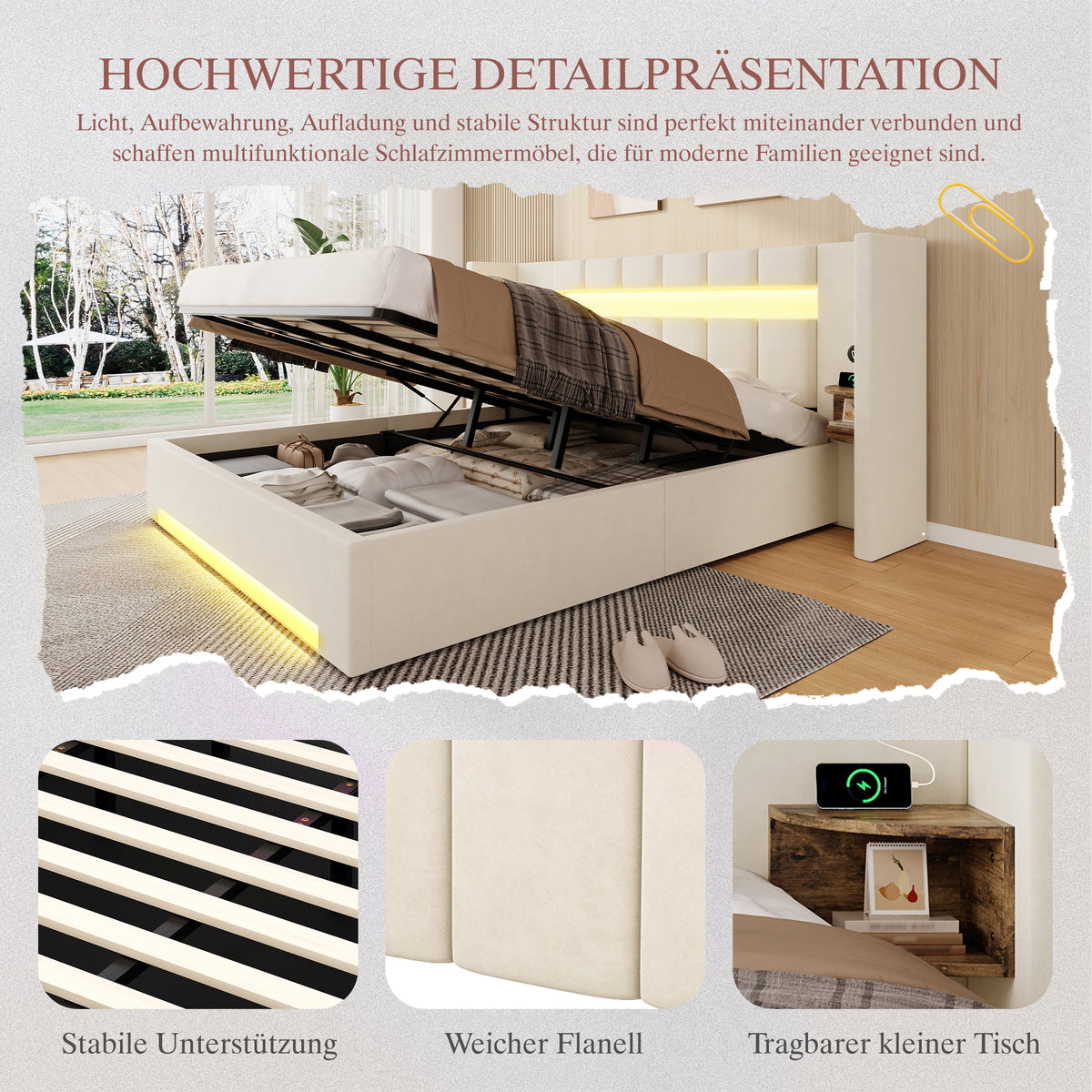 Multifunctional Bed Frame with LED & USB 180x200cm - Velvet