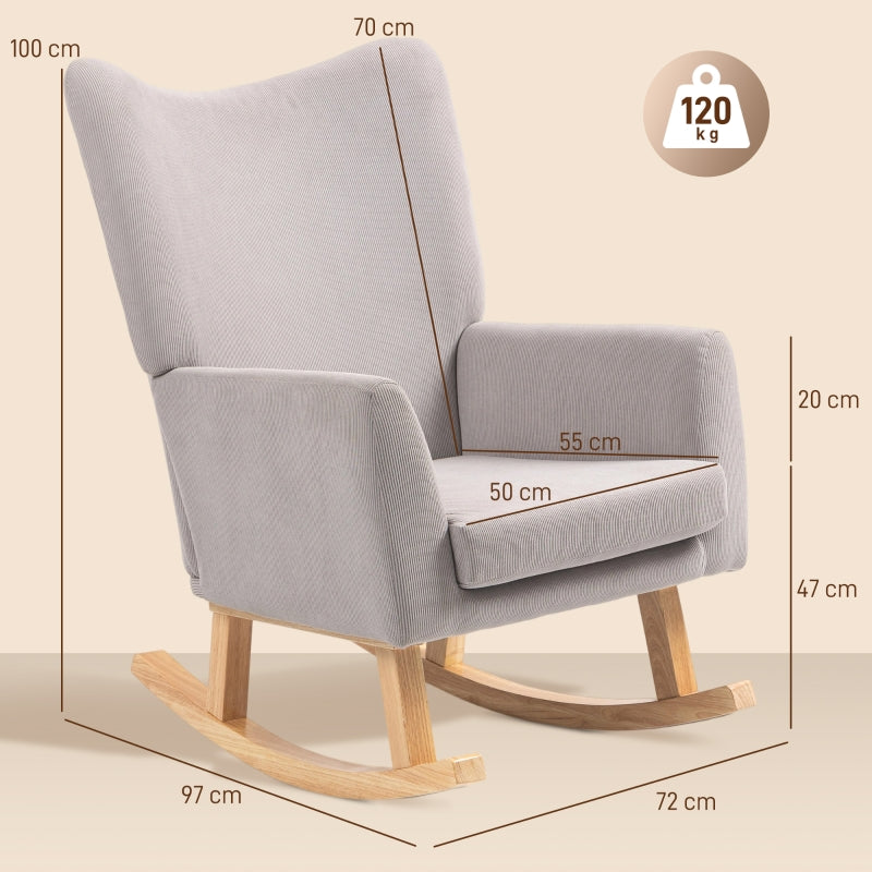 Rocking Chair, High Back Upholstered, Corduroy, Light Grey