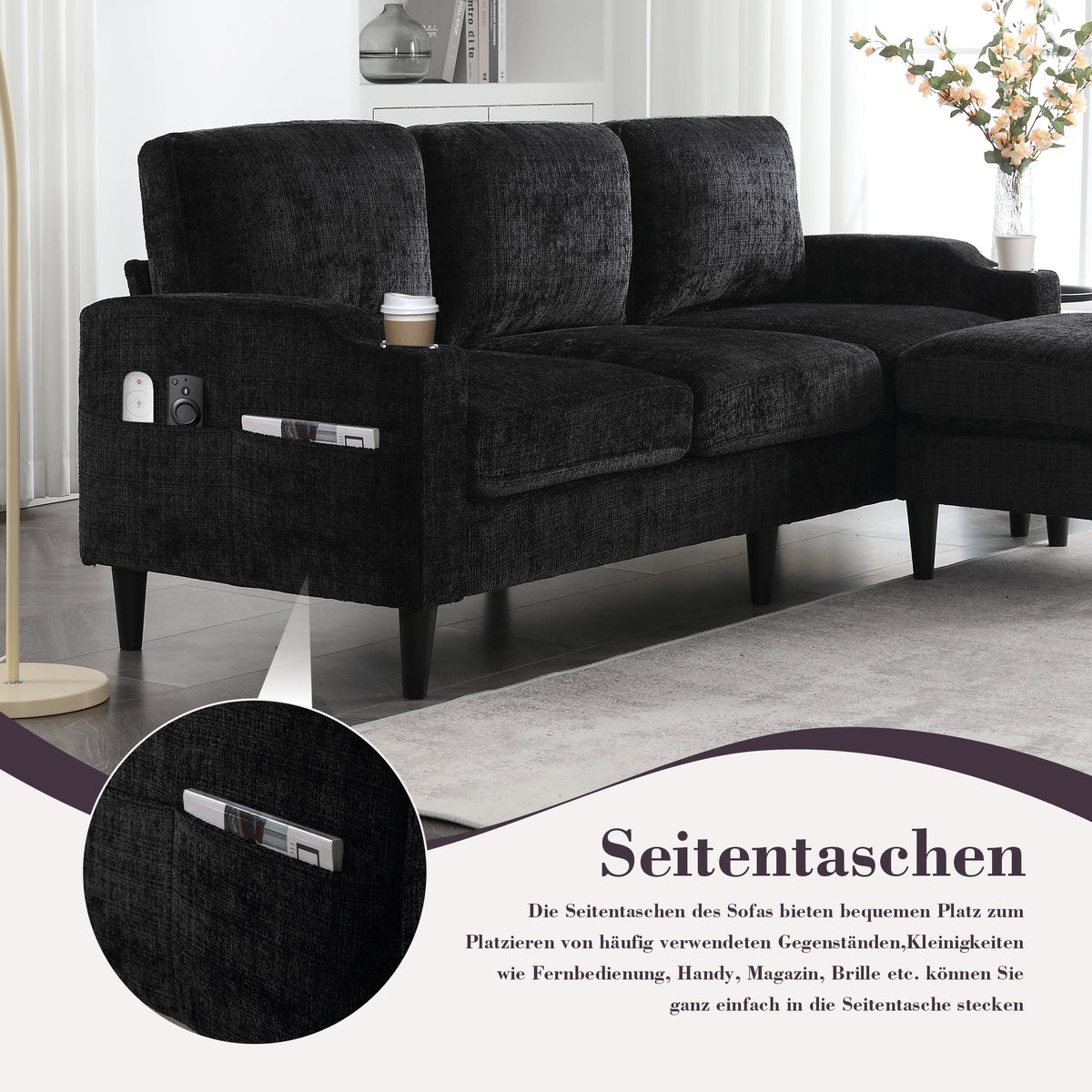 Sofa with Footstool & Storage, 4-Seater with Cup Holder, Velvet