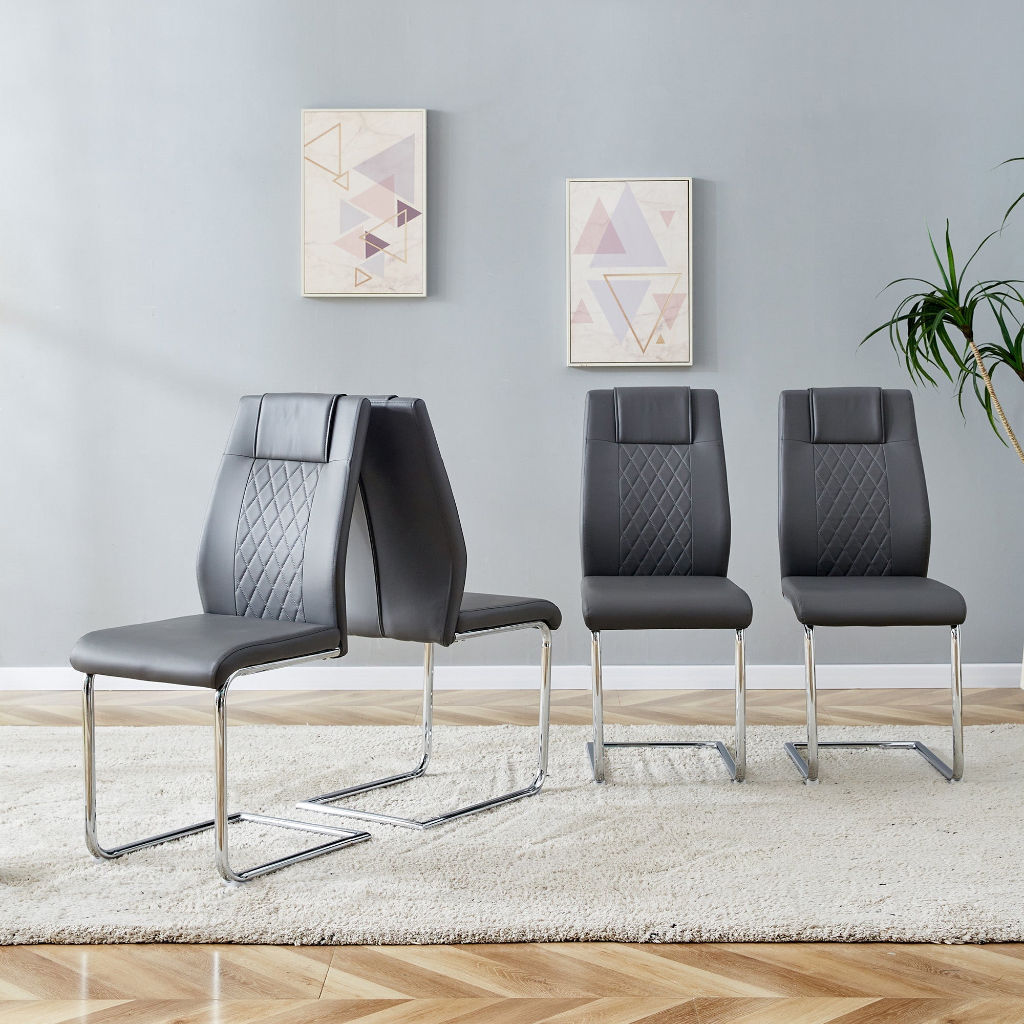 Scandinavian Dining Chairs Set of 4 Mesh Back Metal Legs - Dark Grey PU Leather