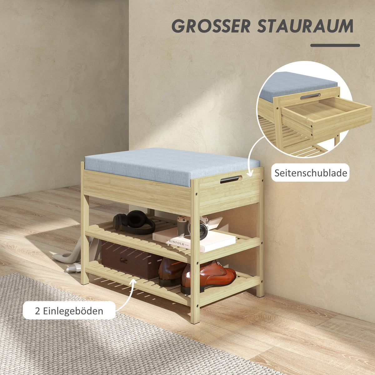 Shoe Bench, 2-Tier with Drawer, Bamboo Natural