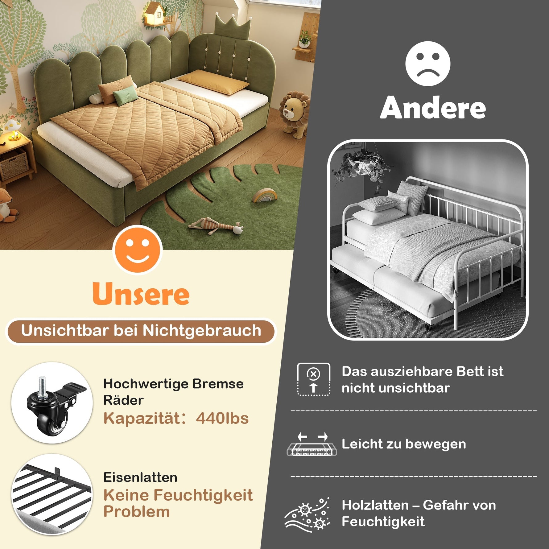 L-Shape Sofa Bed with Pull-out Guest Bed and Crown Lattice Design, 90x200cm, Green Velvet