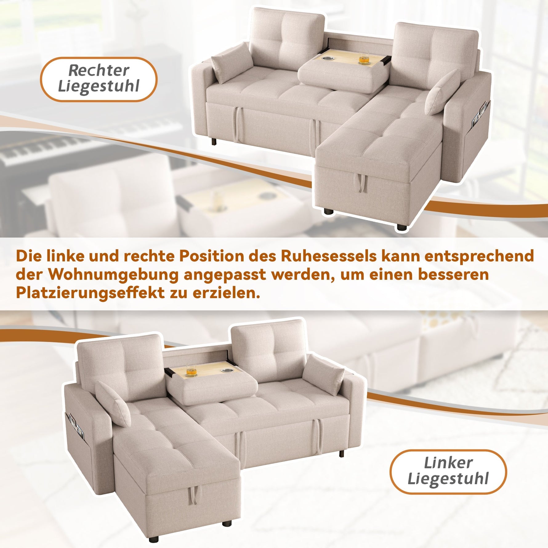 Modern L-shaped Sofa Modular Sofa Bed Pull-out with Storage & Cup Holder, Living Room