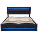 Upholstered Bed with USB Port, LED Lighting and Storage, 140x190cm, Black PU Leather