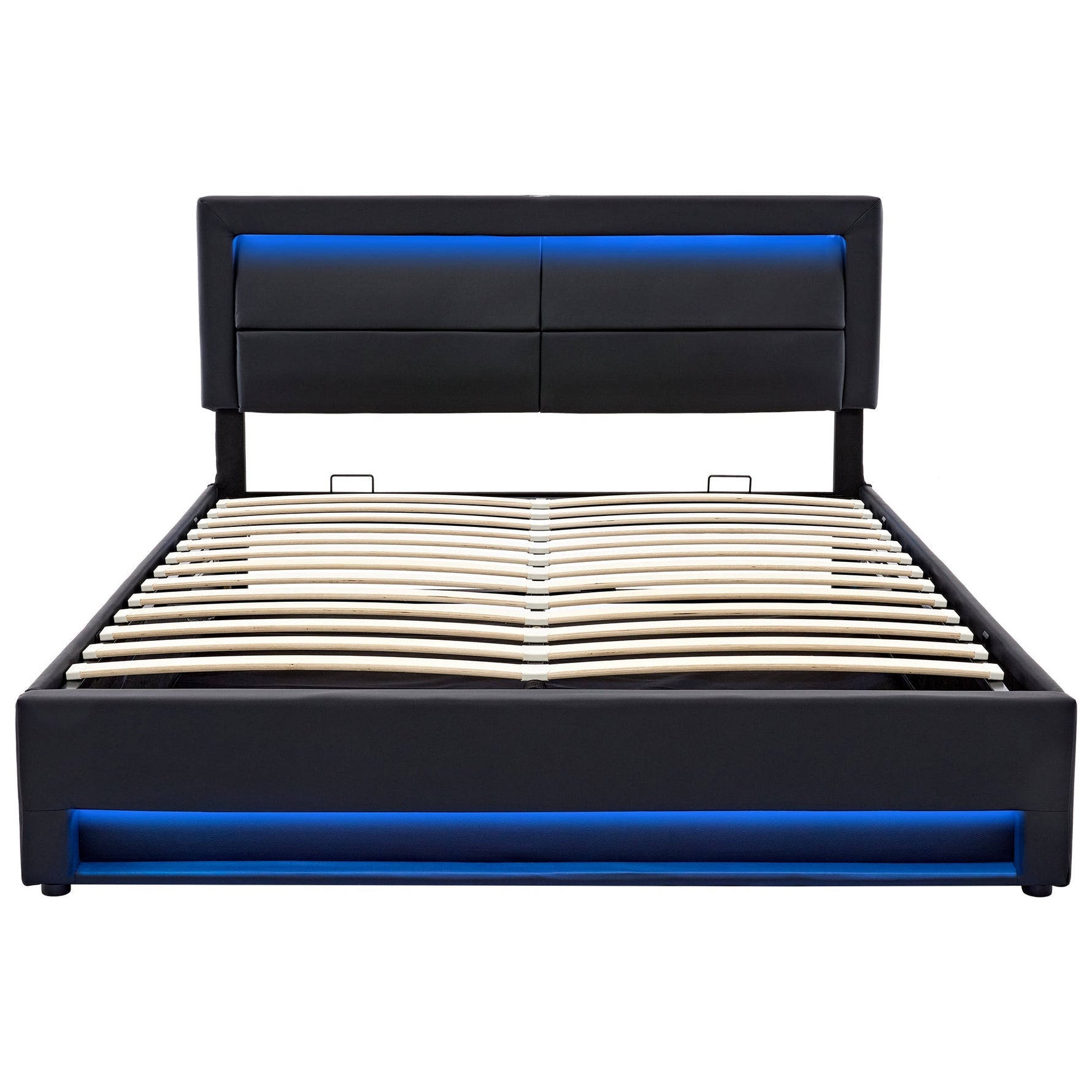 Upholstered Bed with USB Port, LED Lighting and Storage, 140x190cm, Black PU Leather