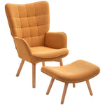 Armchair Footstool Wingback High Back Tufted Wooden Legs Corduroy Brown