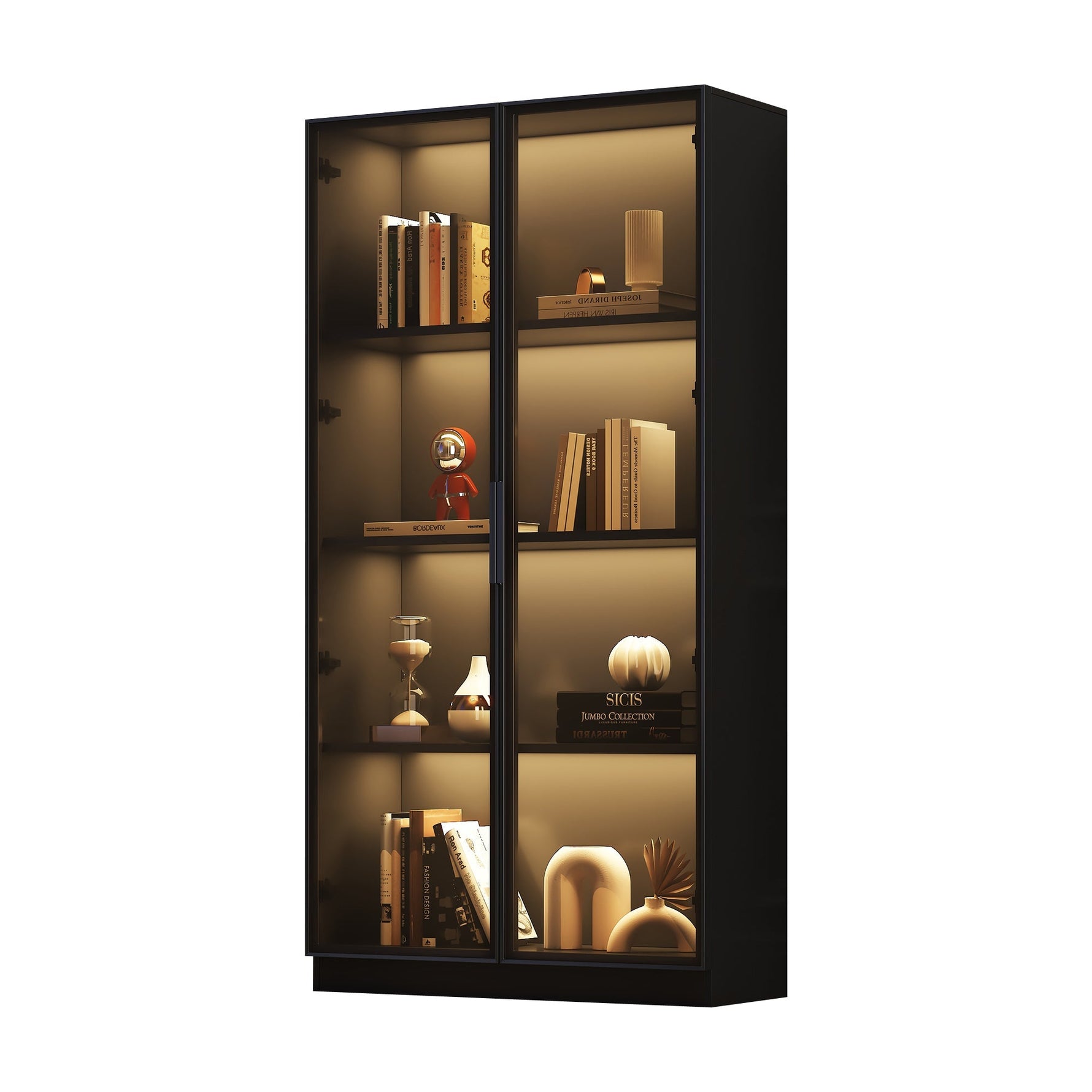 Glass Display Cabinet, Double-Door Adjustable Shelves 80x40x160cm, App-Controlled LED Lighting