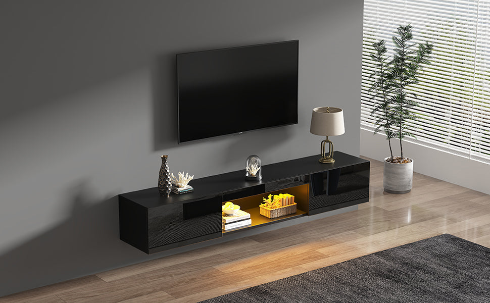 Wall-Mounted TV Stand with LED Lighting and High Gloss Finish for 70-Inch TVs, Black