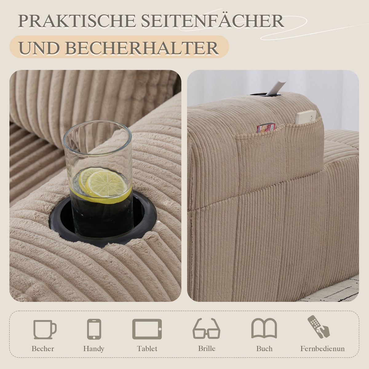 Recliner Sofa Cozy with Side Pocket Drink Holder - Corduroy