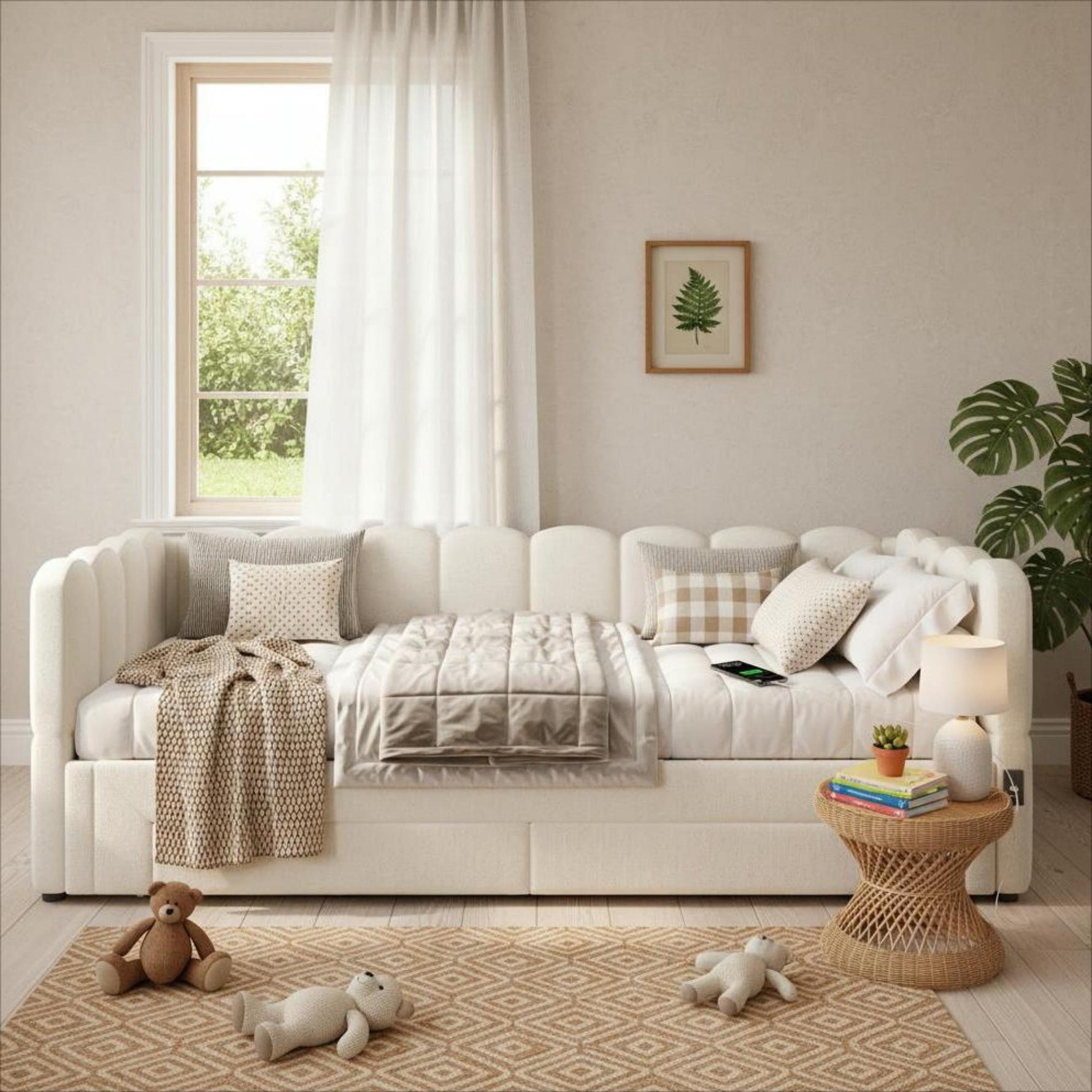 Upholstered Daybed Sofa Bed Extendable 90x200cm Storage Drawers USB Port Beige Linen