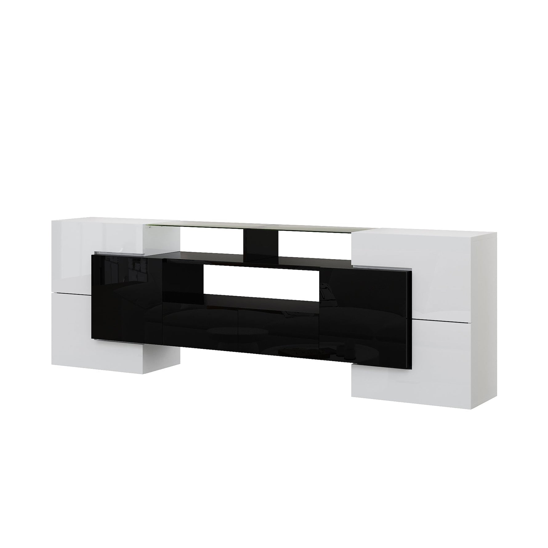TV Cabinet Low Panel 200cm LED Lighting Modern Design High-Gloss White and Black
