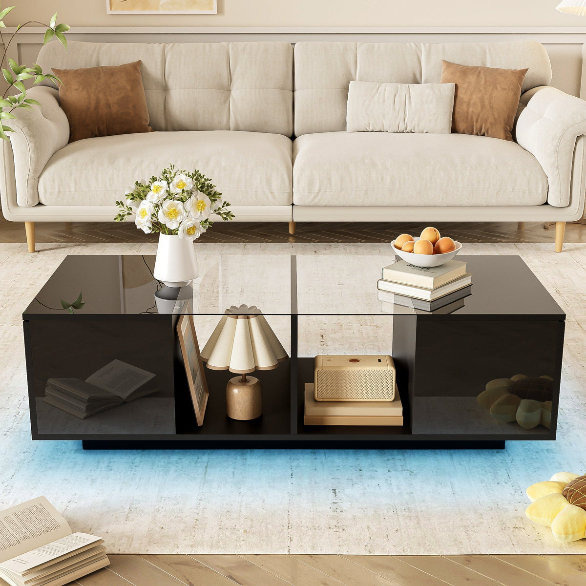 Modern Coffee Table with LED Lighting, High-Gloss, Black