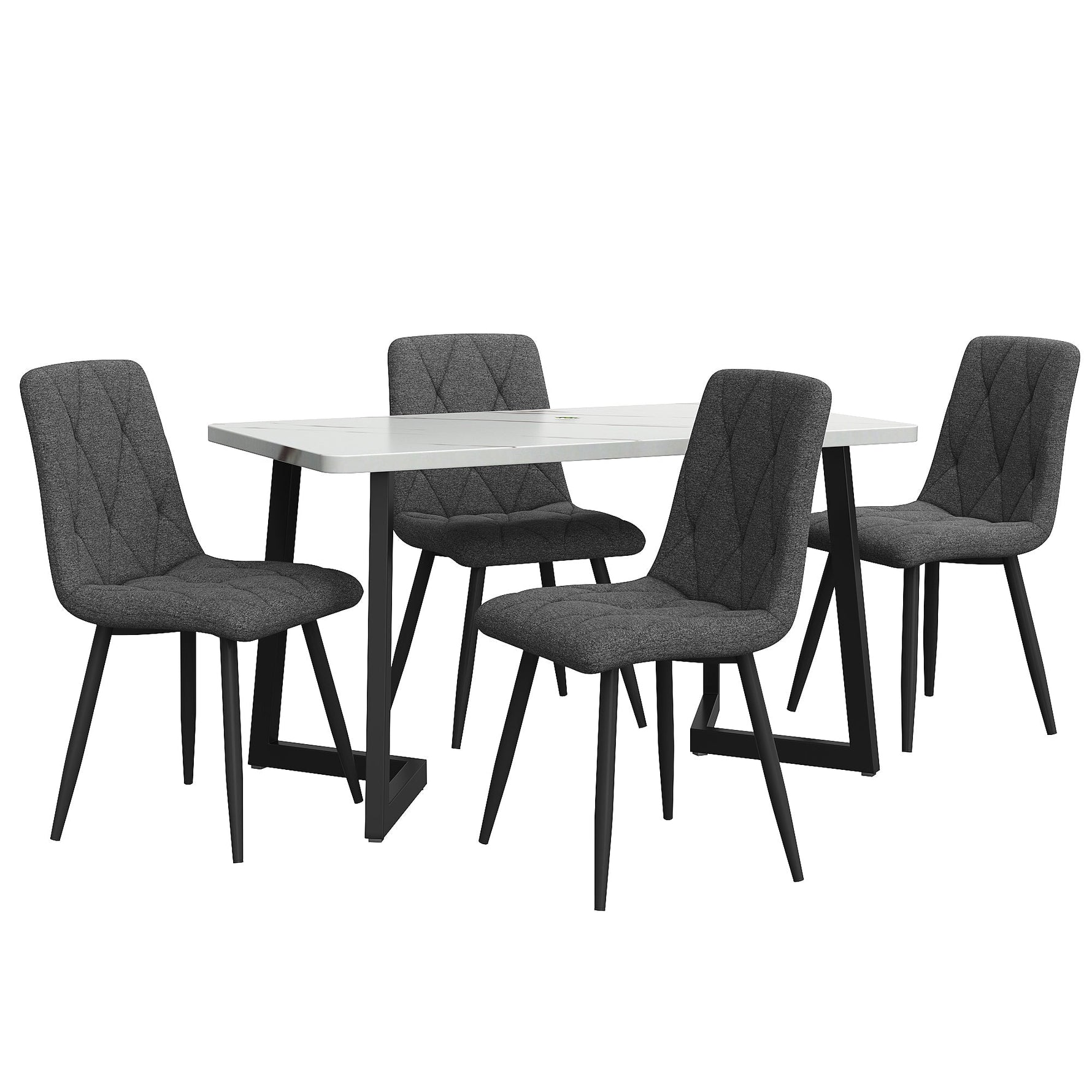 Dining Set 5-Piece Rectangular Table 117x68cm with 4 Chairs, Dark Grey Twill Linen Fabric and Black Metal Legs