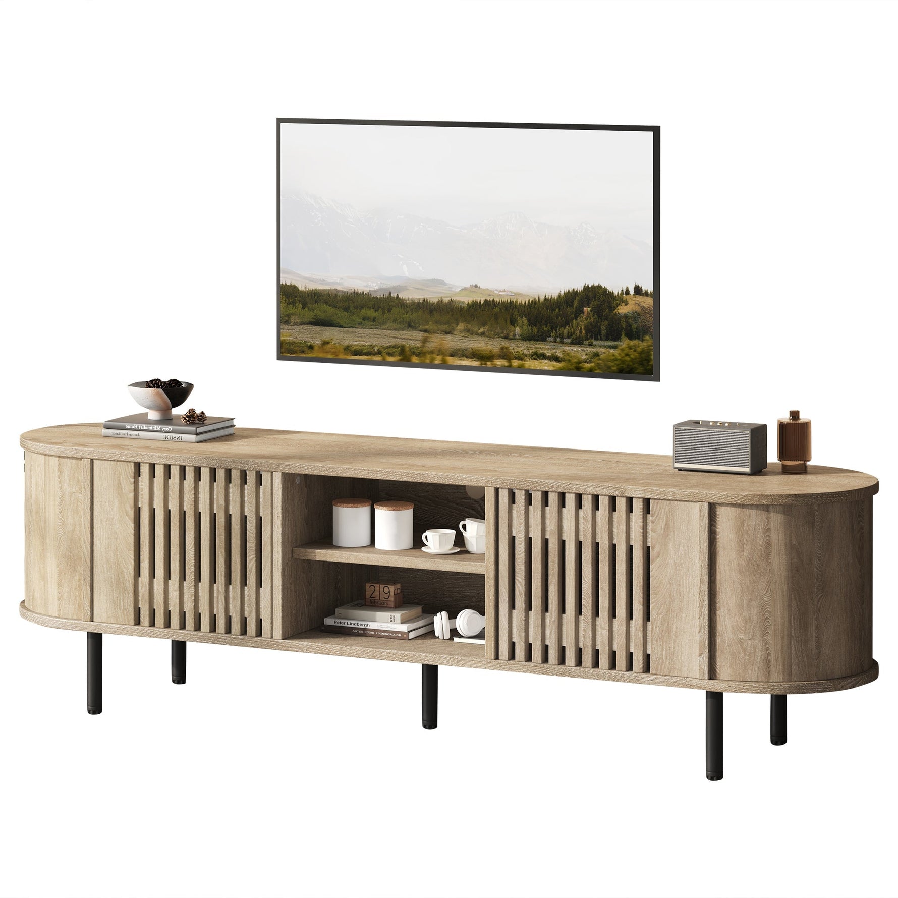 TV Cabinet Lowboard 160x40x47cm Openwork Design 2 Cabinets for 65" TV - Natural Wood