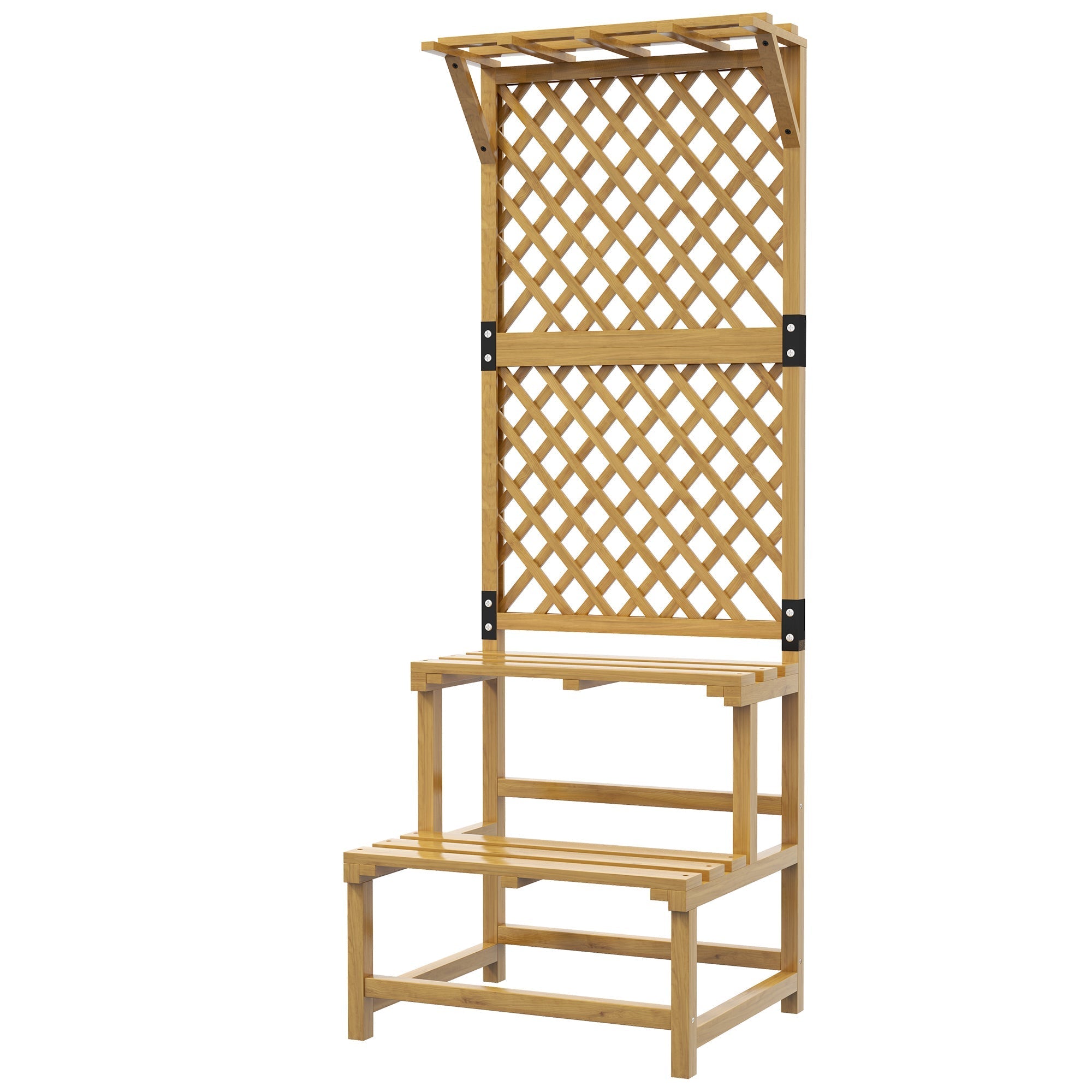 Wooden Plant Stand, 2 Levels, Trellis, Fir Wood