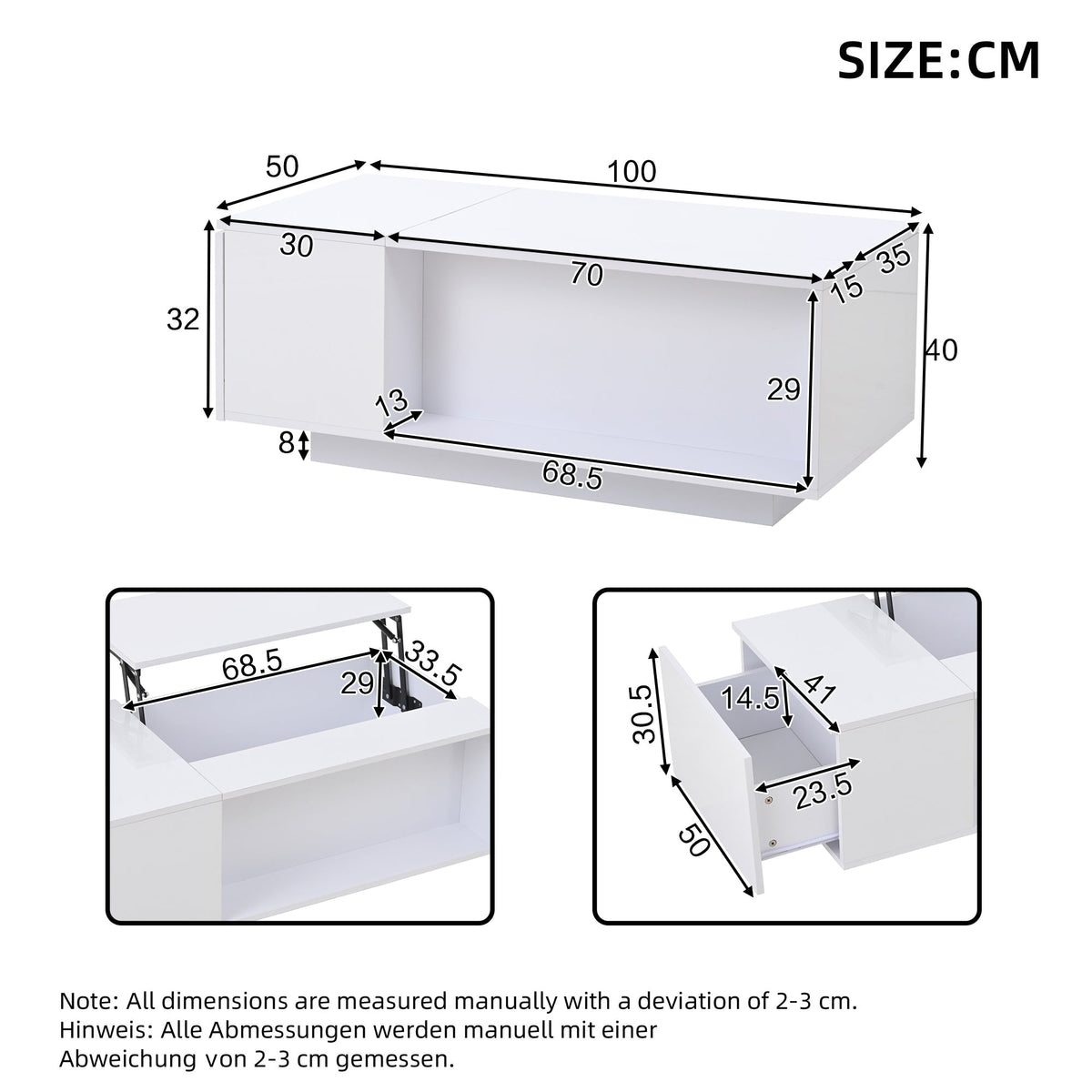 Coffee Table, Height-adjustable with Hidden Storage, LED Light & Drawer, White
