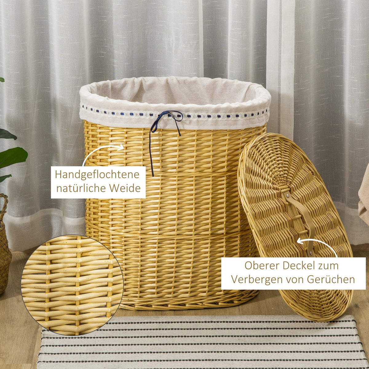 Laundry Basket 100L, with Lid, Wicker, Natural