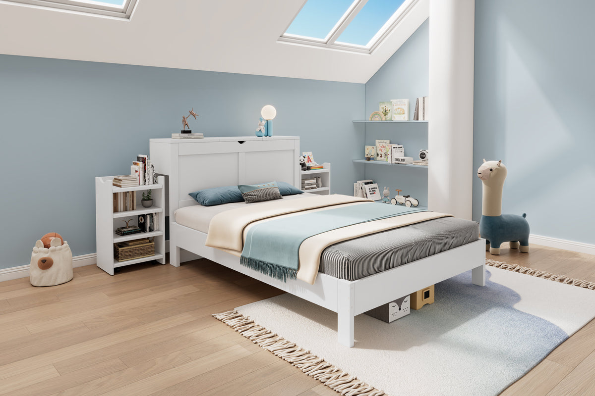 Wooden Bed 140x200 Double 2 Pull-out Nightstands Headboard Storage - White