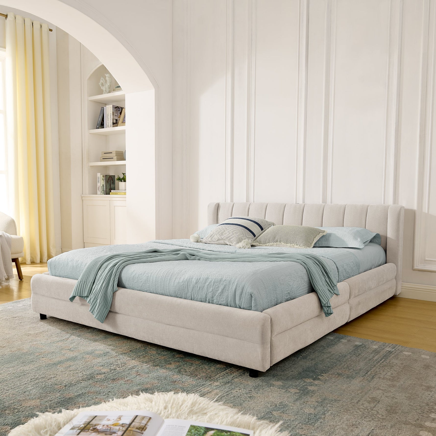 Double Bed 140x200cm Storage USB Port Chenille Beige