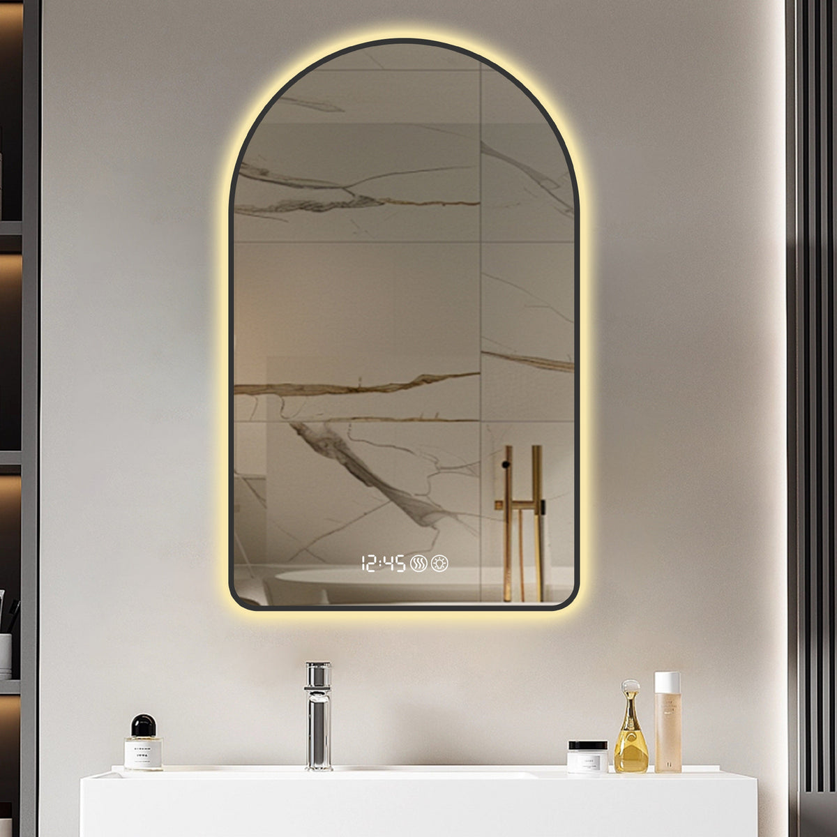 Arched LED Bathroom Mirror 60x120cm, Anti-Fog, Dimmable, Temp Display, Black Frame