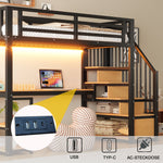 Metal Loft Bed with LED, Socket, Storage Ladder, Shelves and Desk, 90x200cm, Black Metal