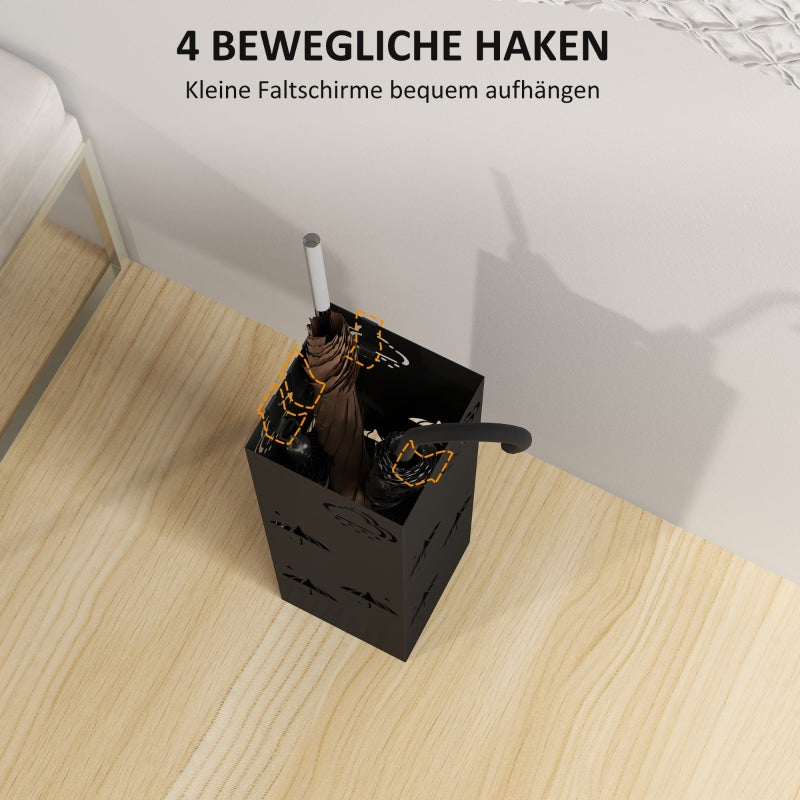 Umbrella Stand, 4 Hooks, Water Catcher, Steel Black