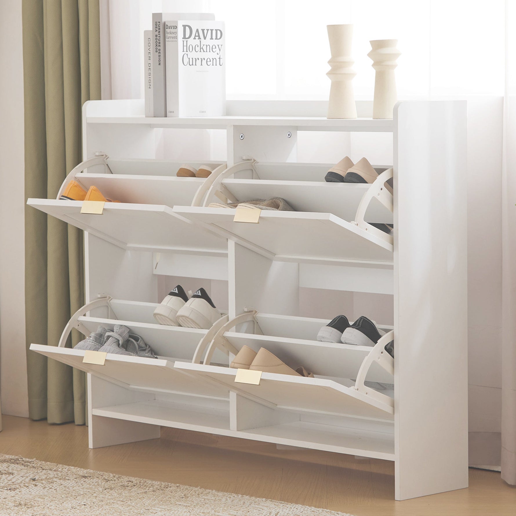 Shoe Cabinet 4 Drop-Down Compartments Open Shelves Entryway/Hallway, White