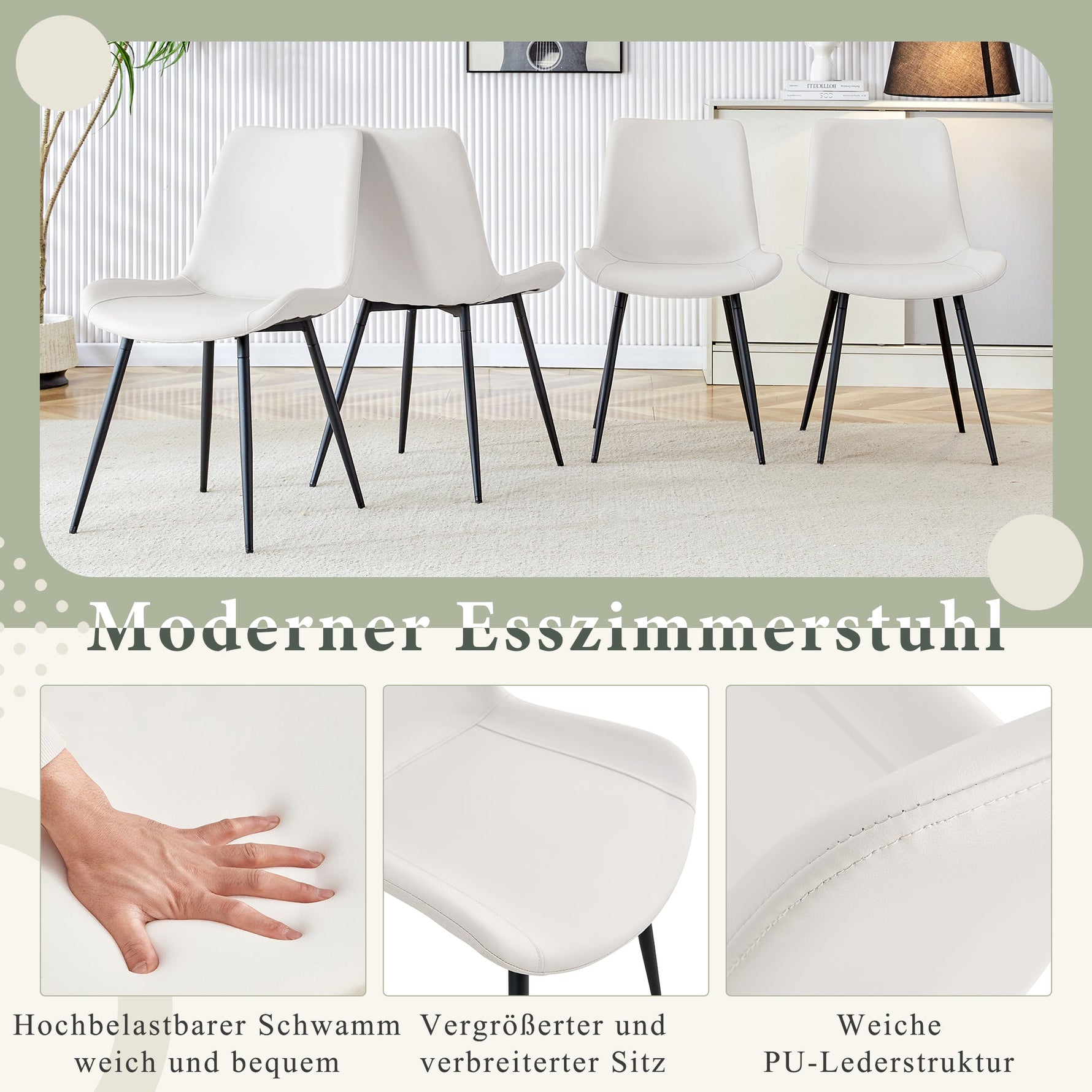 Dining Chair Set of 4 Modern Widened Seat Metal Legs - White Faux Leather