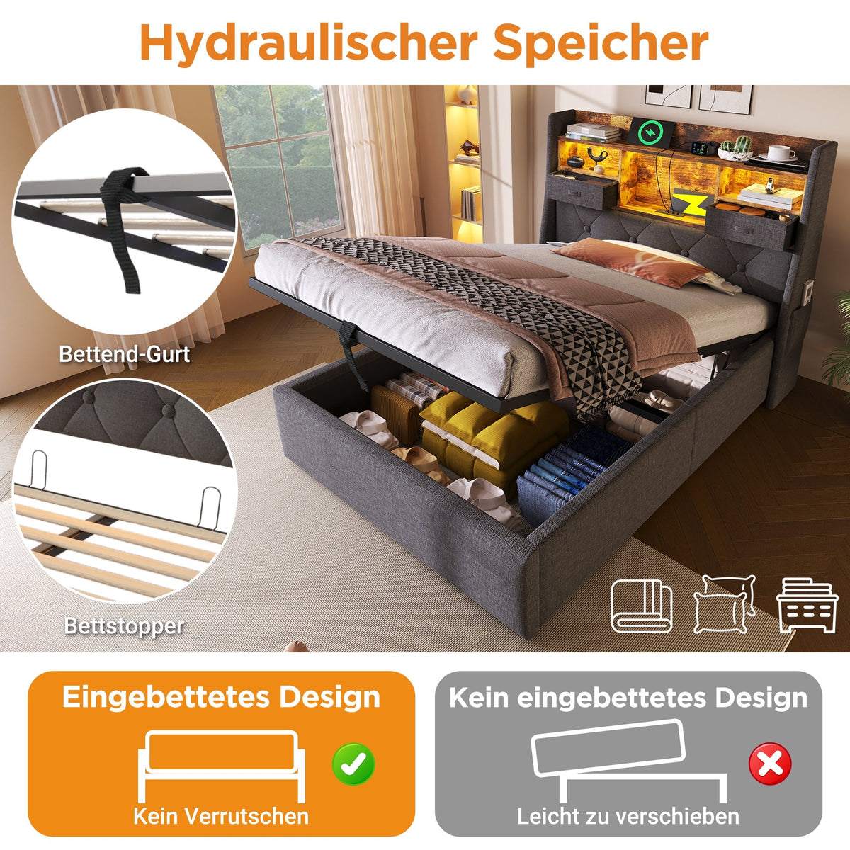 Upholstered Bed Hydraulic Storage LED Headboard 90x200cm, Grey Linen Fabric