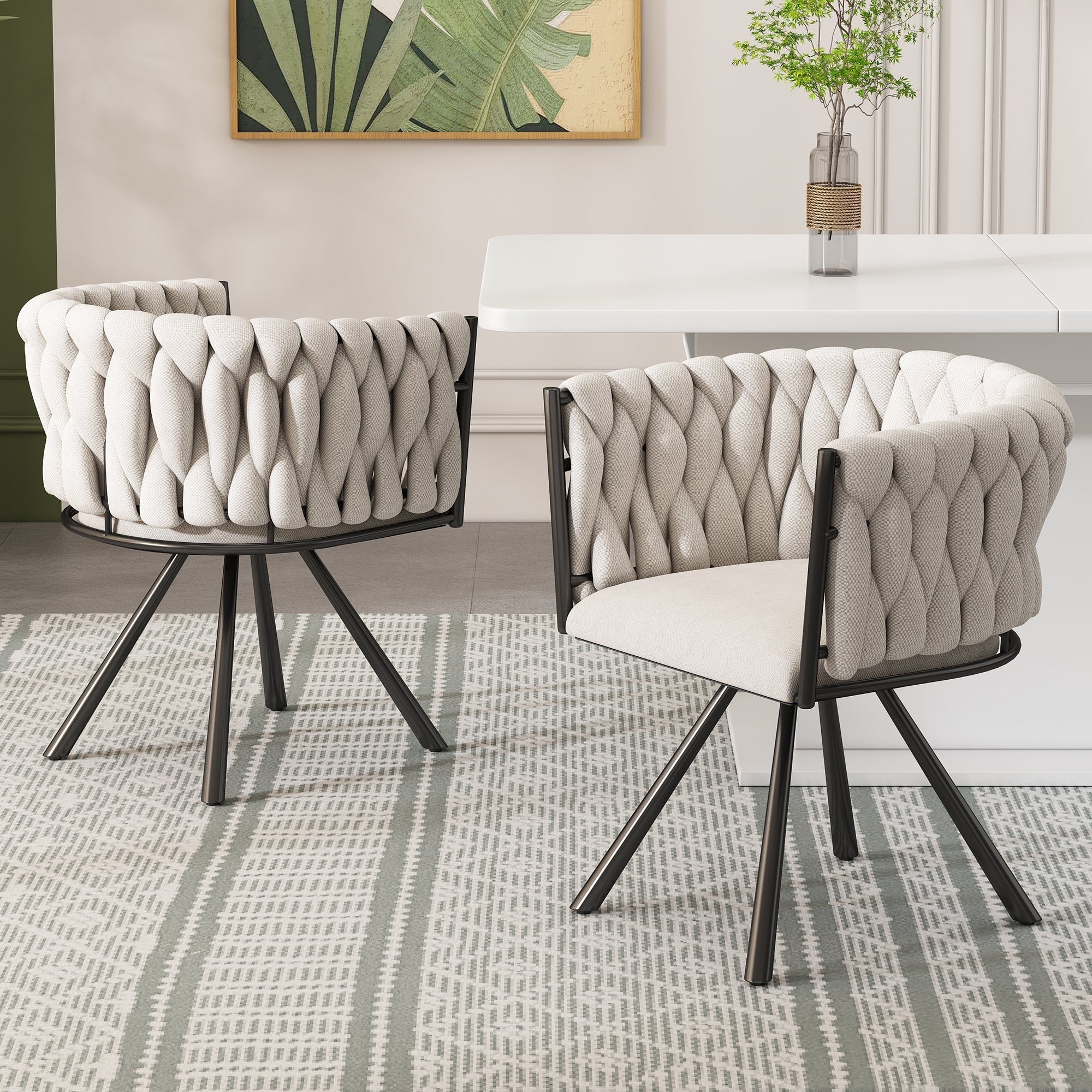 Linen Dining Chairs, Set of 2, Swivel Design with Metal Support Legs, Beige and Black Linen