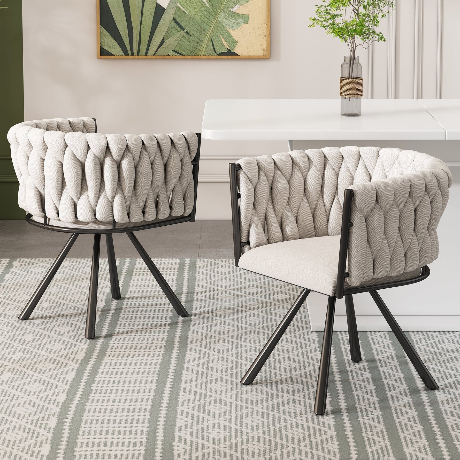 Linen Dining Swivel Chairs, Set of 6, Leisure Armchair with Metal Legs, Beige and Black Linen
