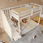 Bunk Bed 90x200cm with Staircase Storage & Safety Railing - White Wood