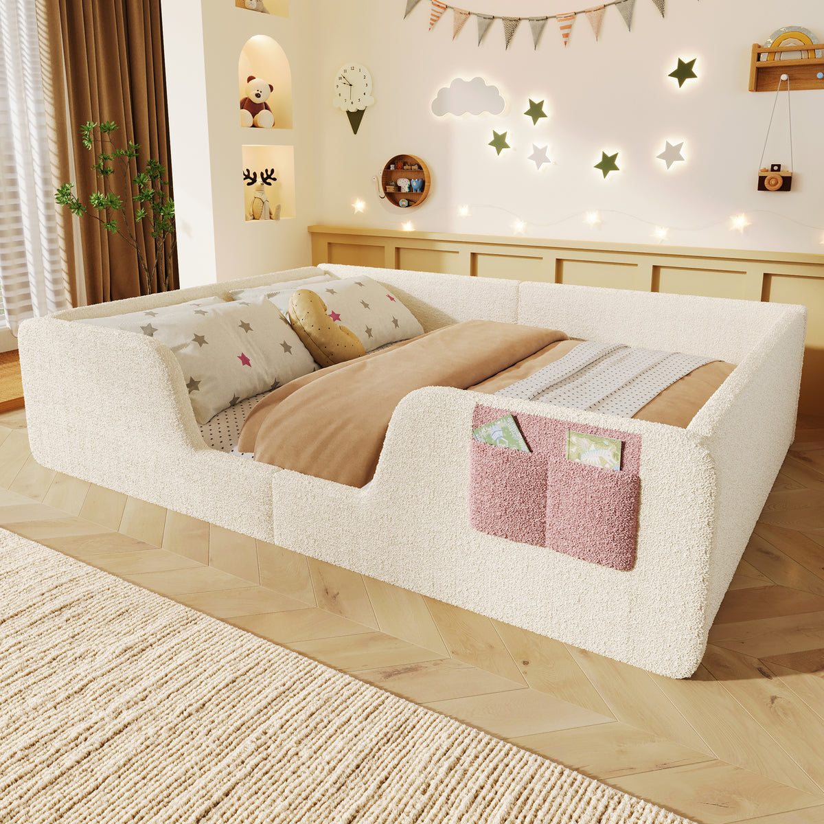 Upholstered Bed 140x190cm with Safety Rails & Storage, Beige Velvet
