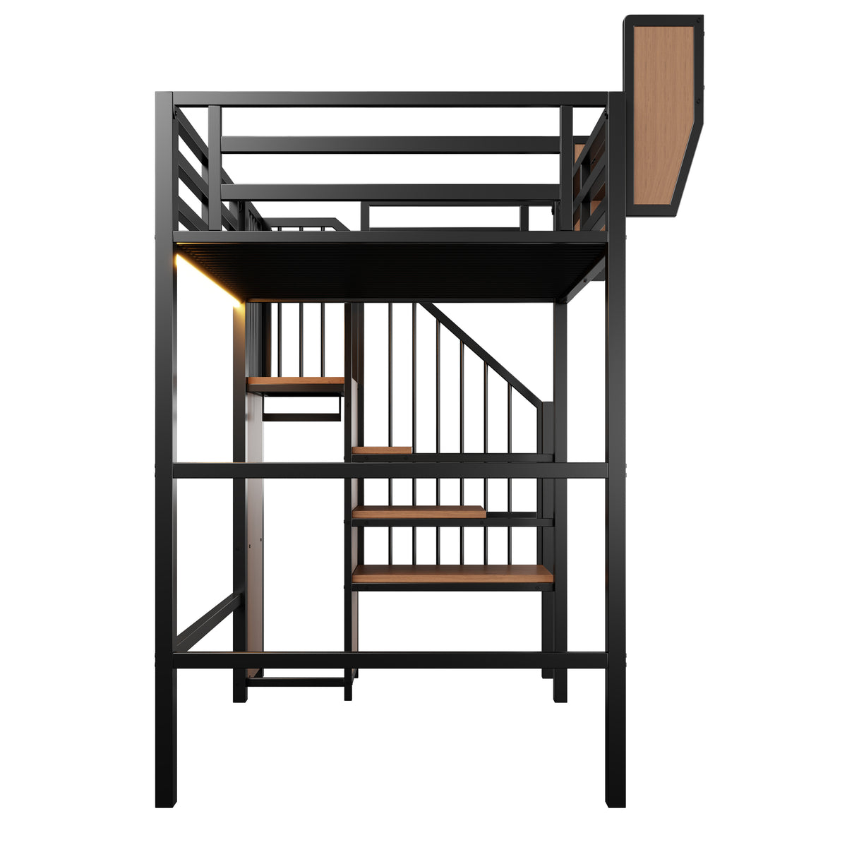 Loft Bed 90x200 with LED Light & Storage Ladder, Black Metal