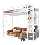 Loft Bed 90x200cm 4 Drawers USB/Type-C LED Pegboard Drying Rack - White Iron Frame