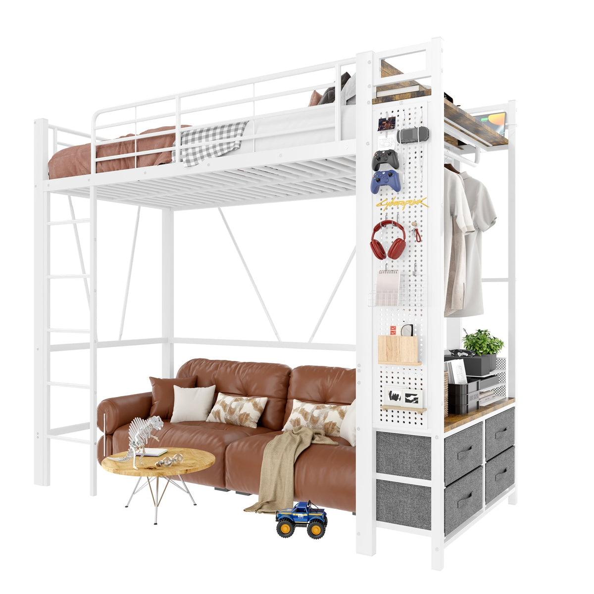 Loft Bed 90x200cm 4 Drawers USB/Type-C LED Pegboard Drying Rack - White Iron Frame