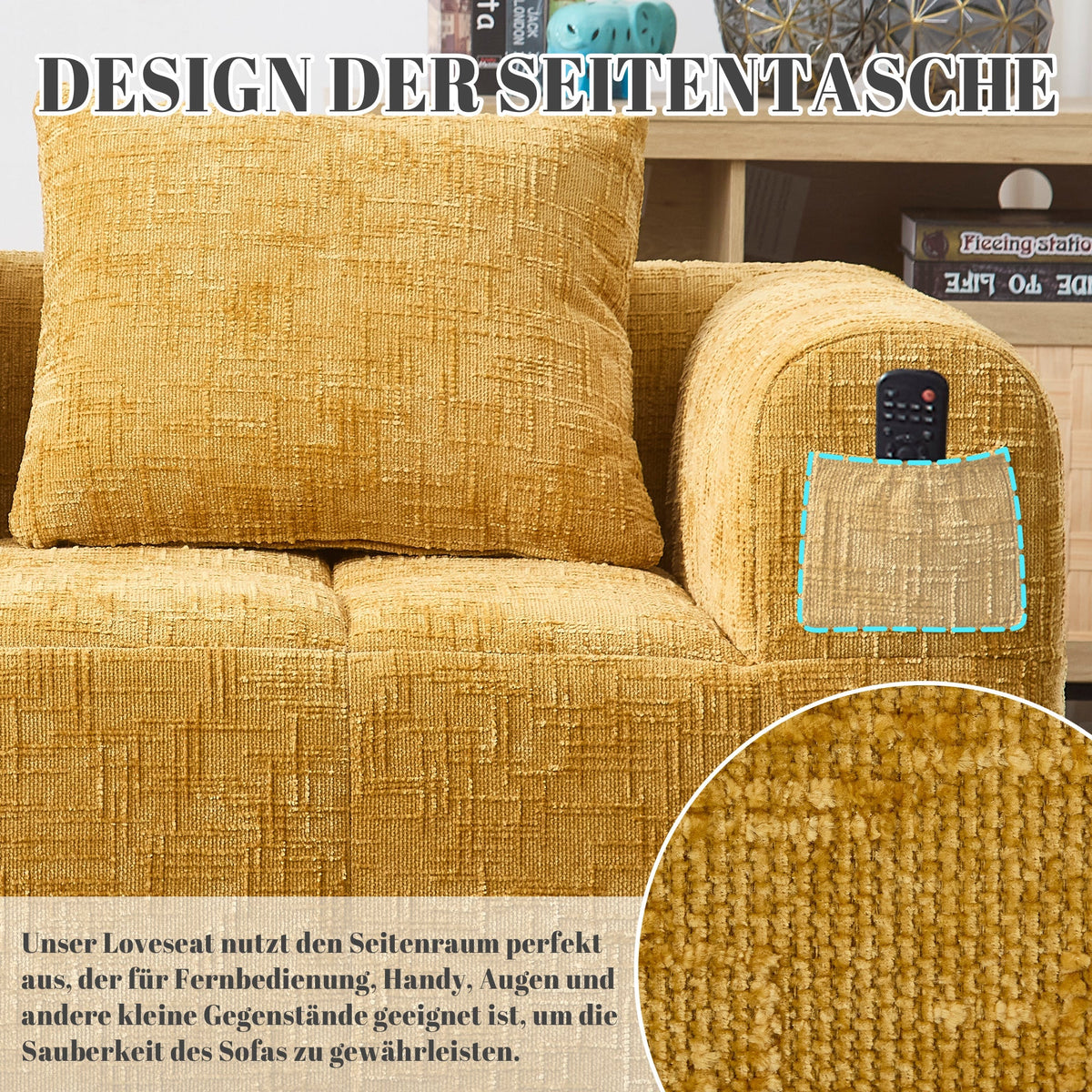 2-Person Sofa, Plush Cushion Side Pockets, Yellow