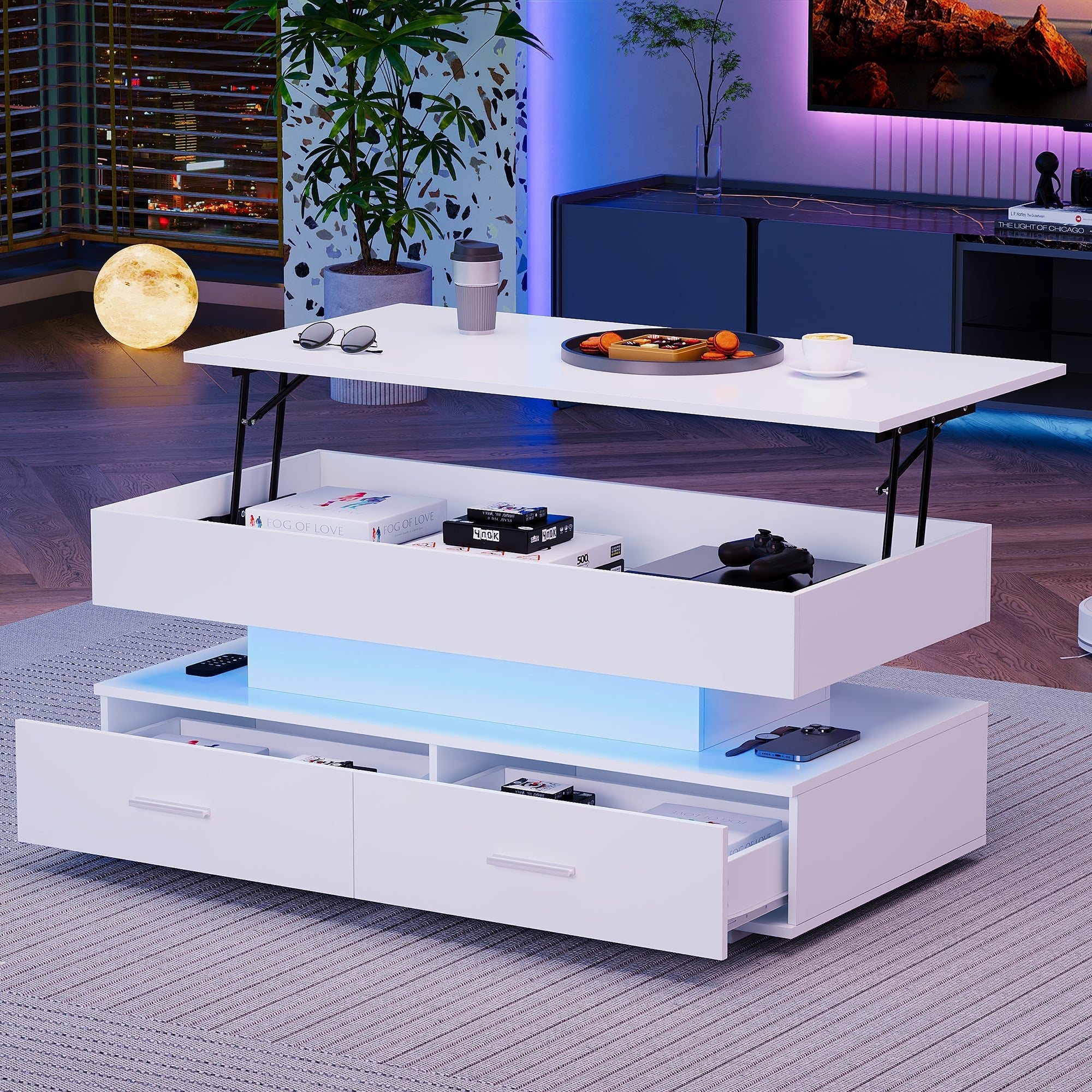Hydraulic Height-Adjustable Coffee Table, LED Lighting, Bluetooth Control, 2 Drawers, White