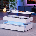 Hydraulic Height-Adjustable Coffee Table, LED Lighting, Bluetooth Control, 2 Drawers, White
