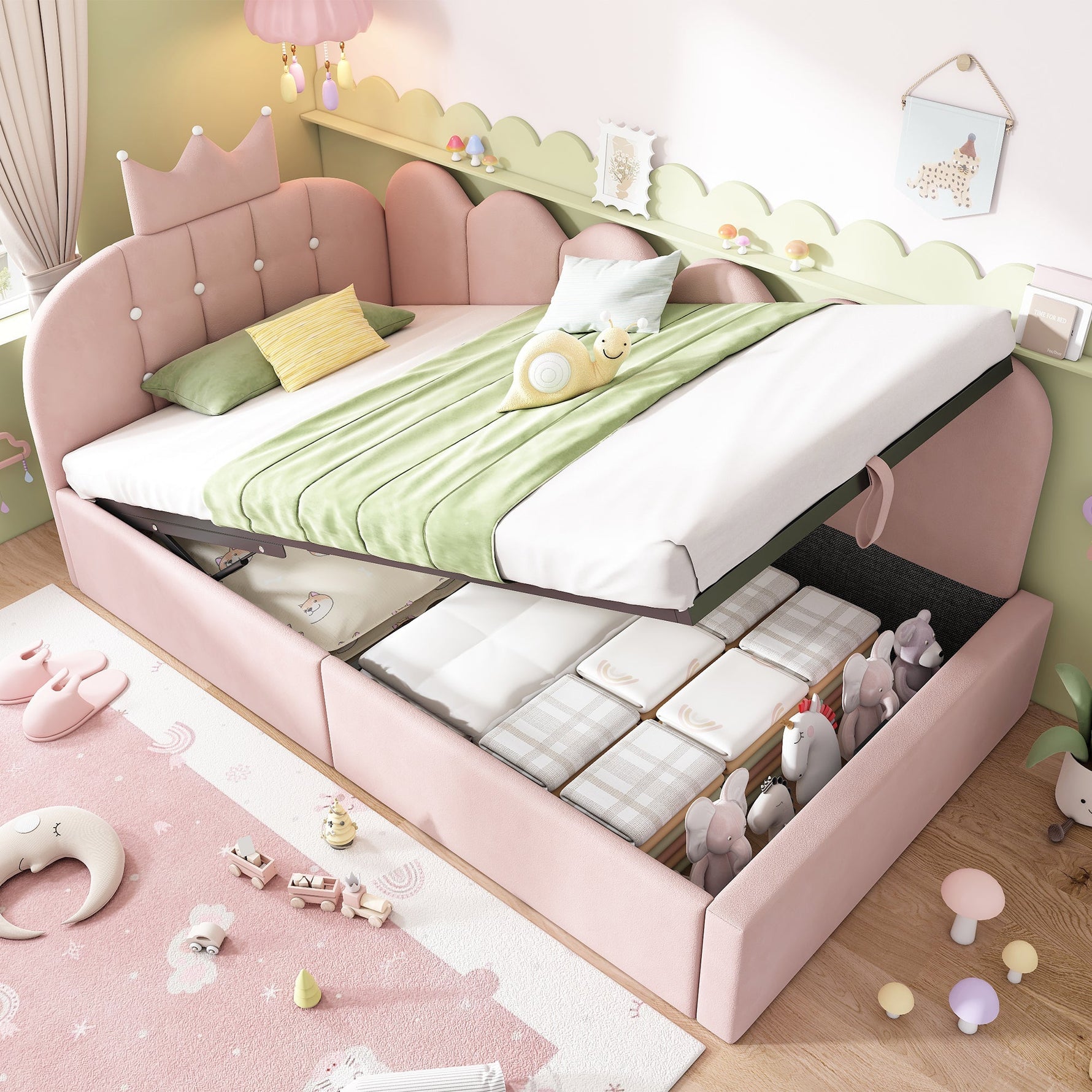 Upholstered Daybed with Hydraulic Storage and Crown-Lattice Design, 90x190cm, Pink Velvet